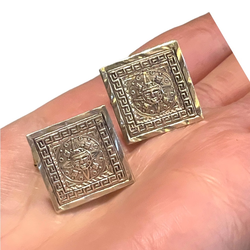 Vintage artist stamp Mexico Taxco 925 Sterling Aztec Mayan Calendar cufflinks